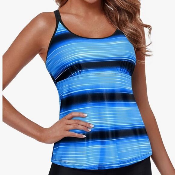 NWT Yonique Women’s Blue And Black Stripe Tankini Swim Top, Size S - Picture 1 of 10